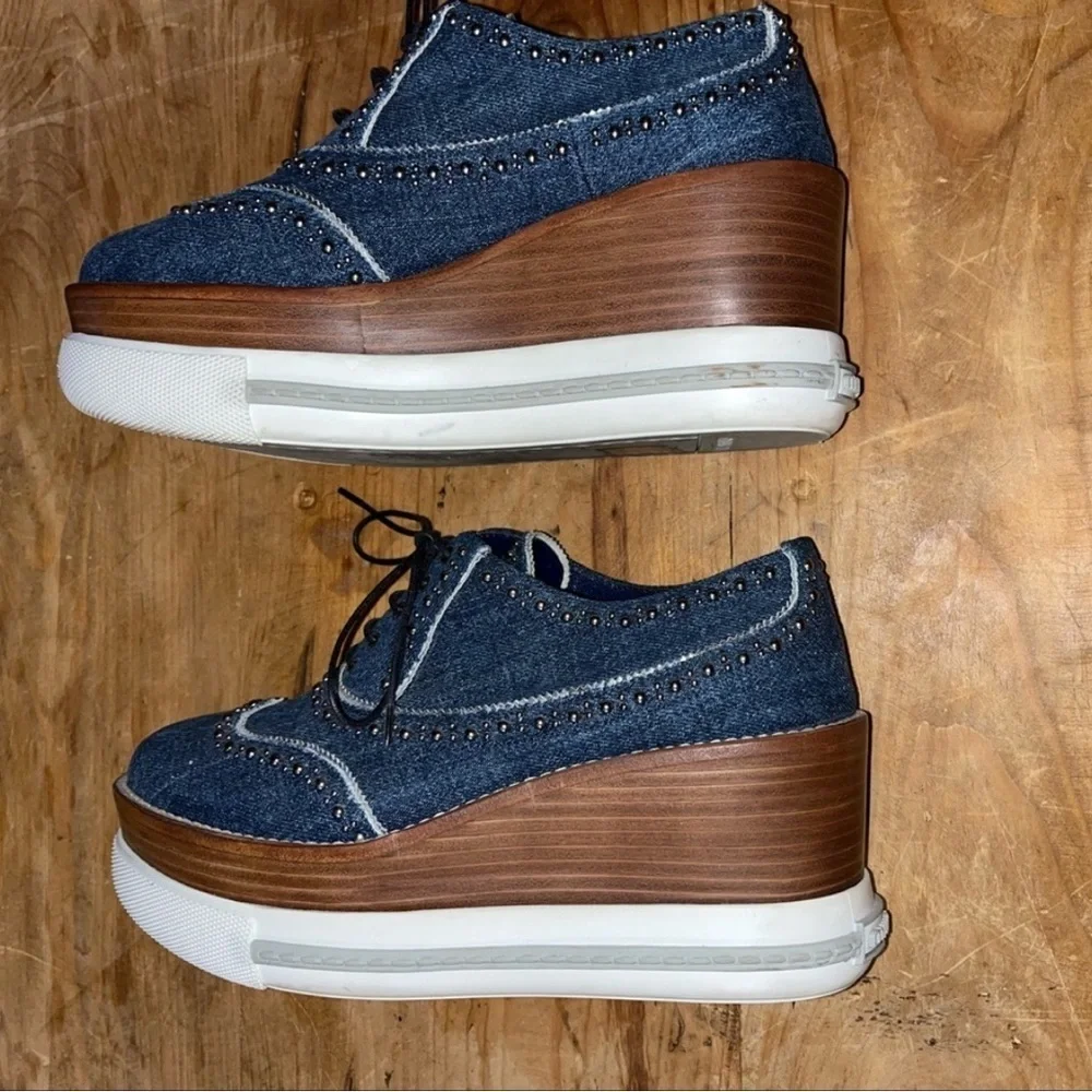 Miu Miu RARE DENIM PLATFORM Studded Wingtip Oxfords SNEAKERS  SHOES 7.5
